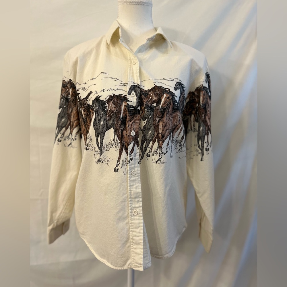 Equestrian Print Cream Button-Up Shirt